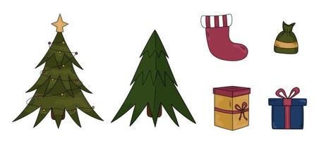 Set of Christmas doodles. Hand drawn Christmas trees, gift boxes, candie. New Year vector illustration for winter decoration