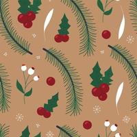 Christmas seamless pattern. Vector illustration with fir branches, holly, snowflakes. Xmas surface design for textile, fabric, wrapping, paper, packaging