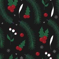 Christmas seamless pattern. Vector holiday illustration with fir branches, holly, snowflakes. Xmas surface design for textile, fabric, wrapping, paper, packaging