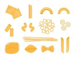 conjunto de tipos de pasta, fideos italianos y macarrones. restaurante delicioso menú. ilustración de pasta de dibujos animados de estilo plano vectorial aislado sobre fondo blanco vector