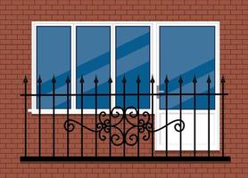 white plastic pvc window with door and balcony with black metal balcony rail, front view. isolated on a red brown brick wall background. Cartoon style flat design. vector