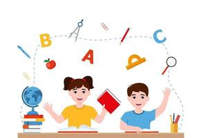 girl and boy are writing, kids doing homework, maths at home. Cartoon cute little boy in red shirt Siting on the desk. The concept of learning age. Vector illustrations isolated on white background.