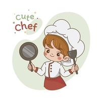 cartoon cute chef with pan and spatula art illustration vector