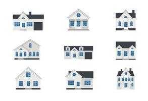 Set of houses. Urban and suburban, cottage, town house. Exterior, front view. Isolated vector illustration