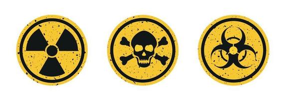 Danger warning circle yellow sign. Radiation sign, toxic sign and biohazard vector icon isolated on white background.