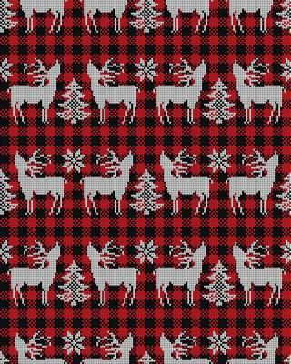 Ugly sweater at Buffalo Plaid Merry Christmas and Happy New Year greeting card frame border . illustration knitted background seamless pattern with folk style scandinavian ornaments.