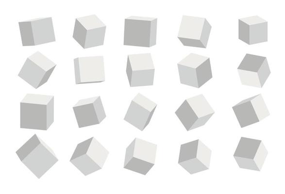 A set of cube icons with a perspective 3d cube model with a shadow. Vector illustration. Isolated on a transparent background