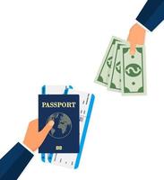 Hipster young man showing passport with tickets and cash, money. Trendy bearded person holding a boarding pass and currency notes in hand. Male character design illustration in vector cartoon style.