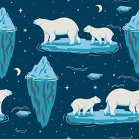 Seamless pattern with polar bears and icebergs. Vector graphics.
