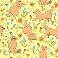 Seamless pattern with labrador dogs and flowers. Vector graphics.