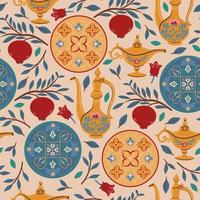 Seamless pattern with pomegranates and crockery in Arabic style. Vector graphics.