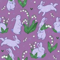 Seamless pattern with rabbits and lily of the valley flowers. Vector graphics.