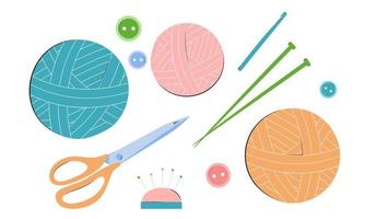 Set of knitting needles. Crochet hook, knitting needles and threads. Set for handmade, hand knitting. Balls of yarn and knitting tools. vector