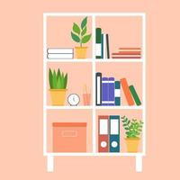 Stylish rack with books, home plant and decor elements. Vector furniture for a bedroom or hall. Flat Illustration of a modern interior.