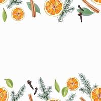 Watercolor seamless frame Chrismas mood oranges, evergreen tree branches and spices hand drawn frame for gift cards, textile, napkins, runners, decorations and others vector