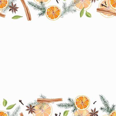 Watercolor seamless frame border Chrismas mood oranges, evergreen tree branches and spices hand drawn frame for gift cards, textile, napkins, runners, decorations and others