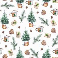 Watercolor christmas seamless pattern background in beige and green colors Scandinavian style vector