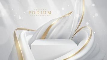Product display podium with white liquid element with golden curve lines decoration and glitter light effect. Realistic luxury style design. Vector illustration.