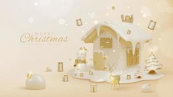 Luxury background with snowman with house and 3d realistic christmas ornaments and sparkling light effect with bokeh decorations and snow. Vector illustration.