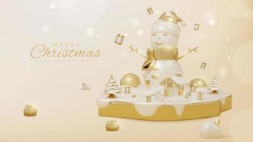 fondo de lujo con muñeco de nieve en podio dorado y adornos navideños realistas en 3d y efecto de luz brillante con decoraciones bokeh y nieve. ilustración vectorial vector