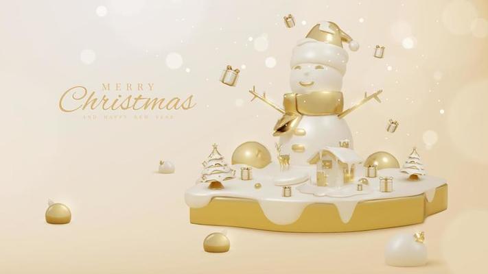 Luxury background with snowman on golden podium and 3d realistic christmas ornaments and sparkling light effect with bokeh decorations and snow. Vector illustration.