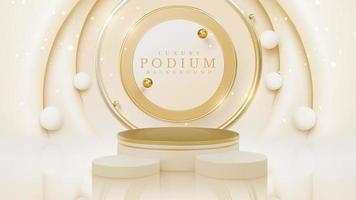 Product display podium with golden curve line element and ball decoration and glitter light effect. vector