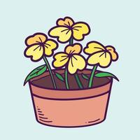 Cute yellow flowers in a small clay brown pot. Vector illustration with cartoon flat art style.