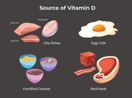 Sets of raw foods and bowls of cereal that contains a lot of Vitamin D. Source of vit D besides sunlight vector illustrations collection, with cartoon flat colored art style drawing in dark background