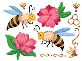 ilustración de insecto animal abeja. dos abejas y dos flores rosas con colores armónicos y agradables. insecto volador con dibujo de ilustración de vector de estilo de arte plano sobre fondo blanco.