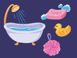 Ilustración de vector de colección de conjunto de baño con dibujo de estilo de dibujos animados plana. de bañera, pato de goma, jabón con pompas y exfoliante rosa.
