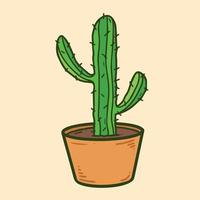 Green cactus on clay pot vector illustration. West plant drawing with cartoon clean line art and flat color