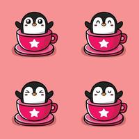 vector illustration of a penguin emoji sticker in a cup