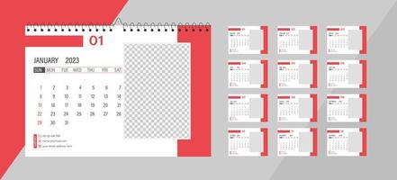 Desktop Monthly Photo Calendar 2023. Simple monthly horizontal photo calendar Layout for 2023 year in English. Cover Calendar and 12 months templates. Week starts from Monday. Vector illustration