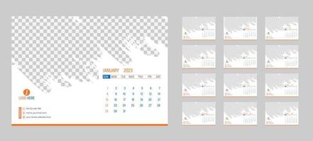 Desktop Monthly Photo Calendar 2023. Simple monthly horizontal photo calendar Layout for 2023 year in English. Cover Calendar and 12 months templates. Week starts from Monday. Vector illustration