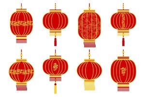 Set of colorful red Chinese lanterns with golden dragons and ornaments. Decor elements, vector