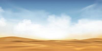 cielo azul con nubes esponjosas y arena de playa en un caluroso día soleado de verano o primavera, ilustración vectorial caricatura mínima panorámica hermosa naturaleza paisaje desértico dunas de arena con luz solar en la mañana vector