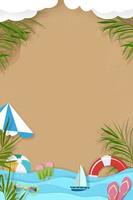 Summer background with beach vacation holiday theme with blue ocean wave layer and copy space,Vector Top view paper cut of tropical summer design, palm leaves and cloud on beach sand background