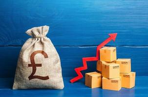 British pound sterling money bag with boxes and up arrow. Income increase, acceleration and growing of economy. Production rise. Growing prices. Good consumer sentiment and demand for goods. photo