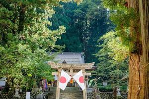 shirakawago, gifu, japón - octubre de 2022 - área de la puerta del santuario de shirakawa hachiman en el pueblo de shirakawago con pinos y bandera japonesa. foto