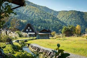 Japanese Shirakawago village during October in autumn fall foliage season. Shirakawa traditional house on triangle roof with a background of rice field, pine mountain and clear cloud sky after. photo