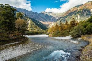 Beautiful background of the center of Kamikochi national park by snow mountains, rocks, and Azusa rivers from hills covered with leaf change color during the Fall Foliage season. photo