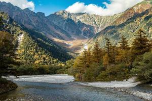 Beautiful background of the center of Kamikochi national park by snow mountains, rocks, and Azusa rivers from hills covered with leaf change color during the Fall Foliage season. photo