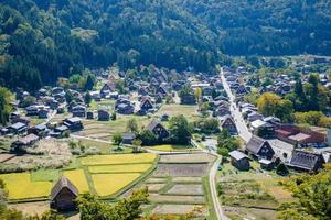 Shirakawa Historical Japanese. Shirakawago village in autumn from aerial view. House build by wooden with roof gassho zukuri style. Shirakawa-go is Unesco world heritage and landmark spot in Japan photo