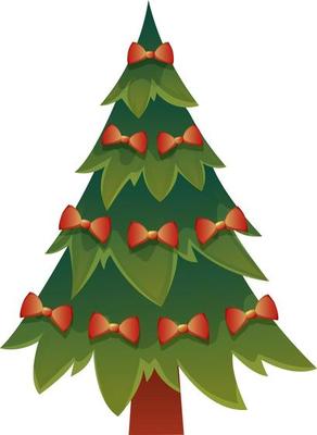 Cartoon Christmas tree with red bows on transparent background