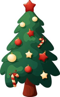 Cartoon Christmas tree with white and red toys on transparent background