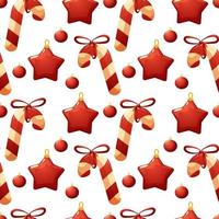 Christmas pattern with striped lollipop and red Christmas tree toys on white background vector