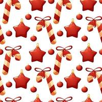 Christmas pattern with striped lollipop and red Christmas tree toys on white background vector