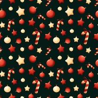 Christmas pattern with lollipops and red and white Christmas tree toys on dark green background