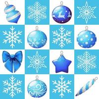 Christmas pattern grid 4 by 4 blue and white with Christmas tree toys in cartoon style vector