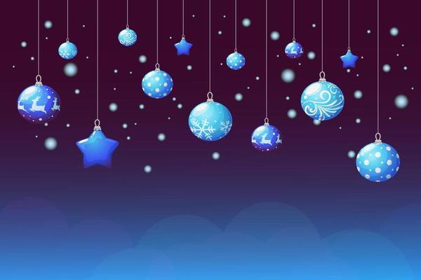 Background with cartoon Christmas tree blue toys and stars
